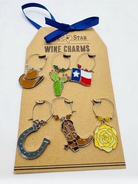 Wine Charms Set - Yellow Rose, Green Cactus, Texas Flag & Western Icons